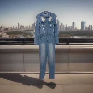 Fashion Nova Denim Distressed Ripped  Jumpsuit Size M